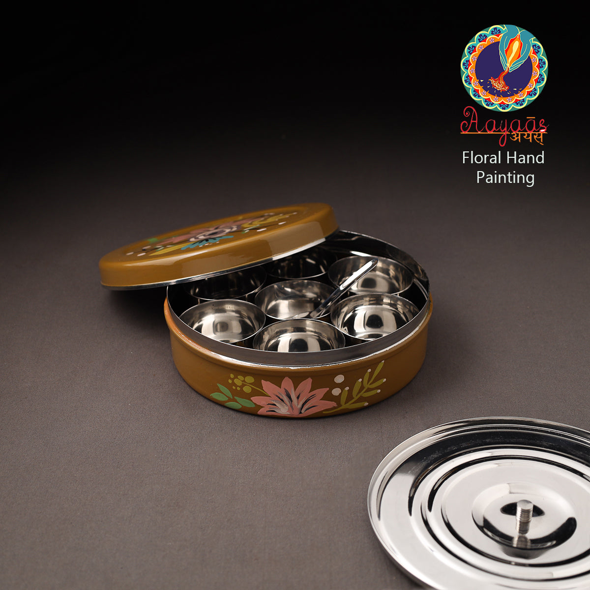 Floral Handpainted Enamelware Stainless Steel Masala Box (7 x 7 in) 08