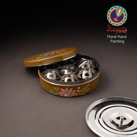 Floral Handpainted Enamelware Stainless Steel Masala Box (7 x 7 in) 08