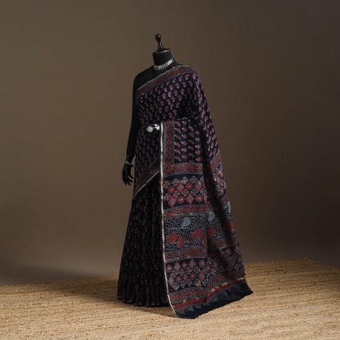 Chanderi silk hand bagru saree with zari border 09