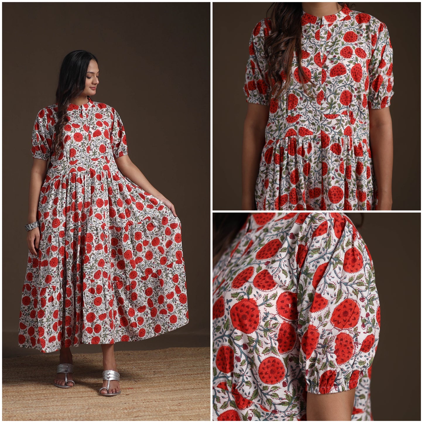 Sanganeri Floral Hand Block Print Cotton Tiered Long Dress for Women 10