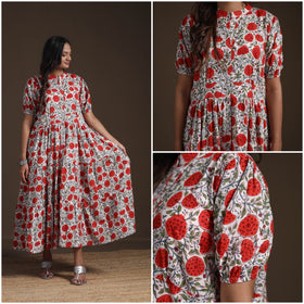 Sanganeri Floral Hand Block Print Cotton Tiered Long Dress for Women 10