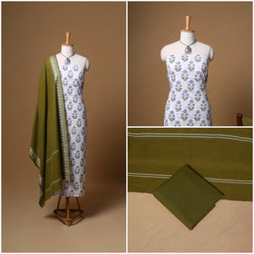 Floral Sanganeri Block Print Cotton Unstitched Dress Material: Kurta, Bottom & Dupatta with Jewellery 07