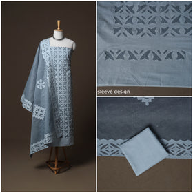 Applique Cutwork Cotton Unstitched Dress Material: Kurta, Bottom & Dupatta 08