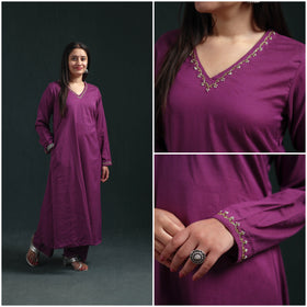 Purple - plain banana fiber soft cotton bead work a-line kurta with palazzo set for women