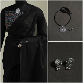 Black - Nazaakat Kota Doria Cotton Plain Saree with Blouse & Jewellery Set 36