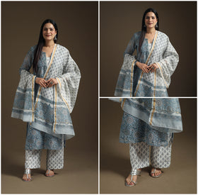 Sequin Work Sanganeri Hand Block Print Chanderi Silk Suit Set with Dupatta for Women 13
