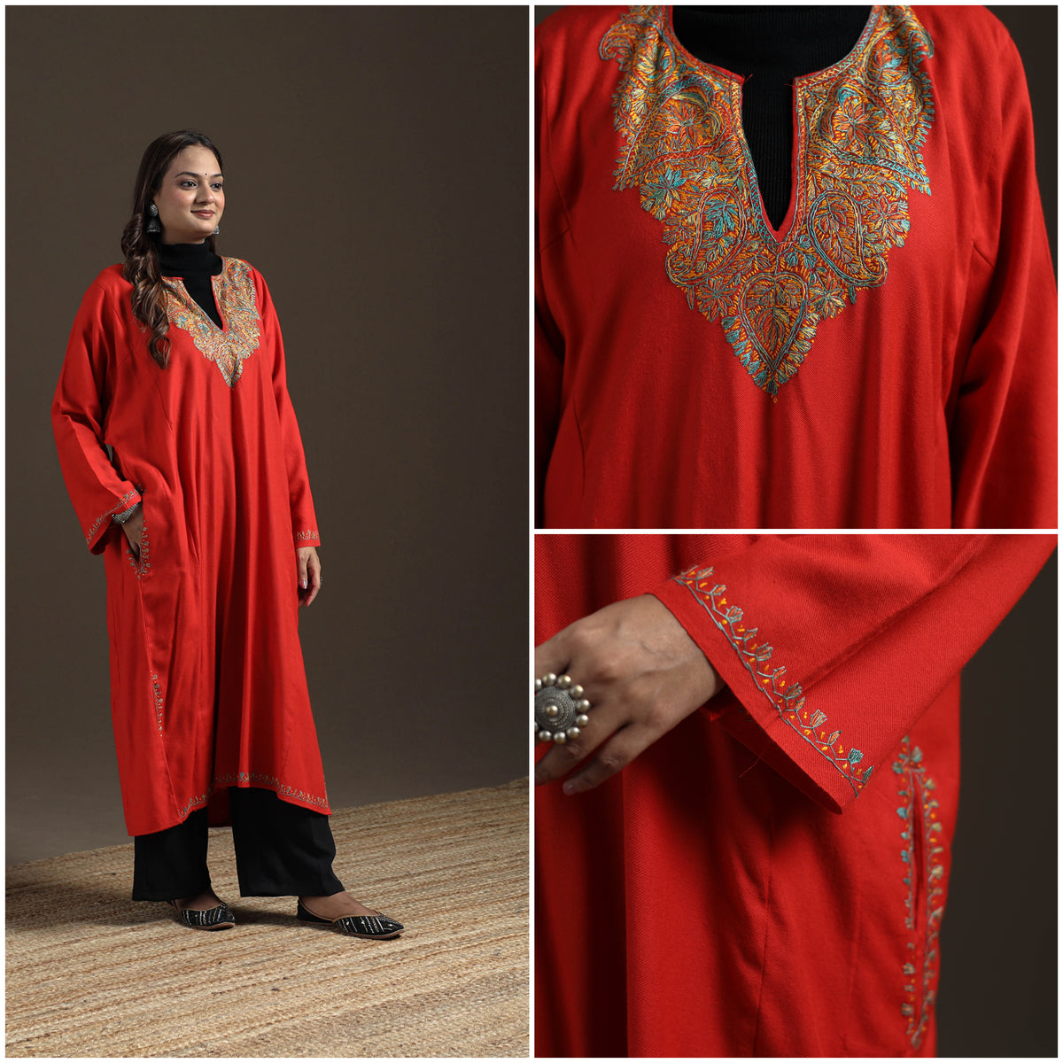 Kashmiri Sozni Hand Embroidered Handwoven Merino Wool Pheran 06