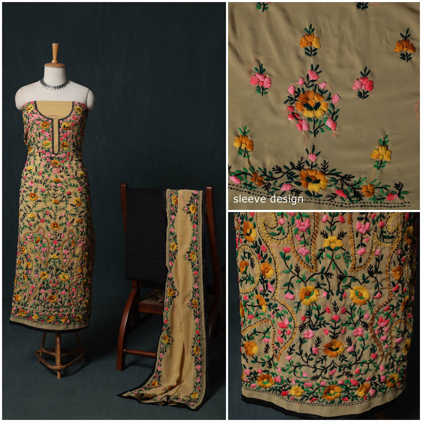 Hand Embroidered Georgette 3pc Unstitched Dress Material Suit Set 08