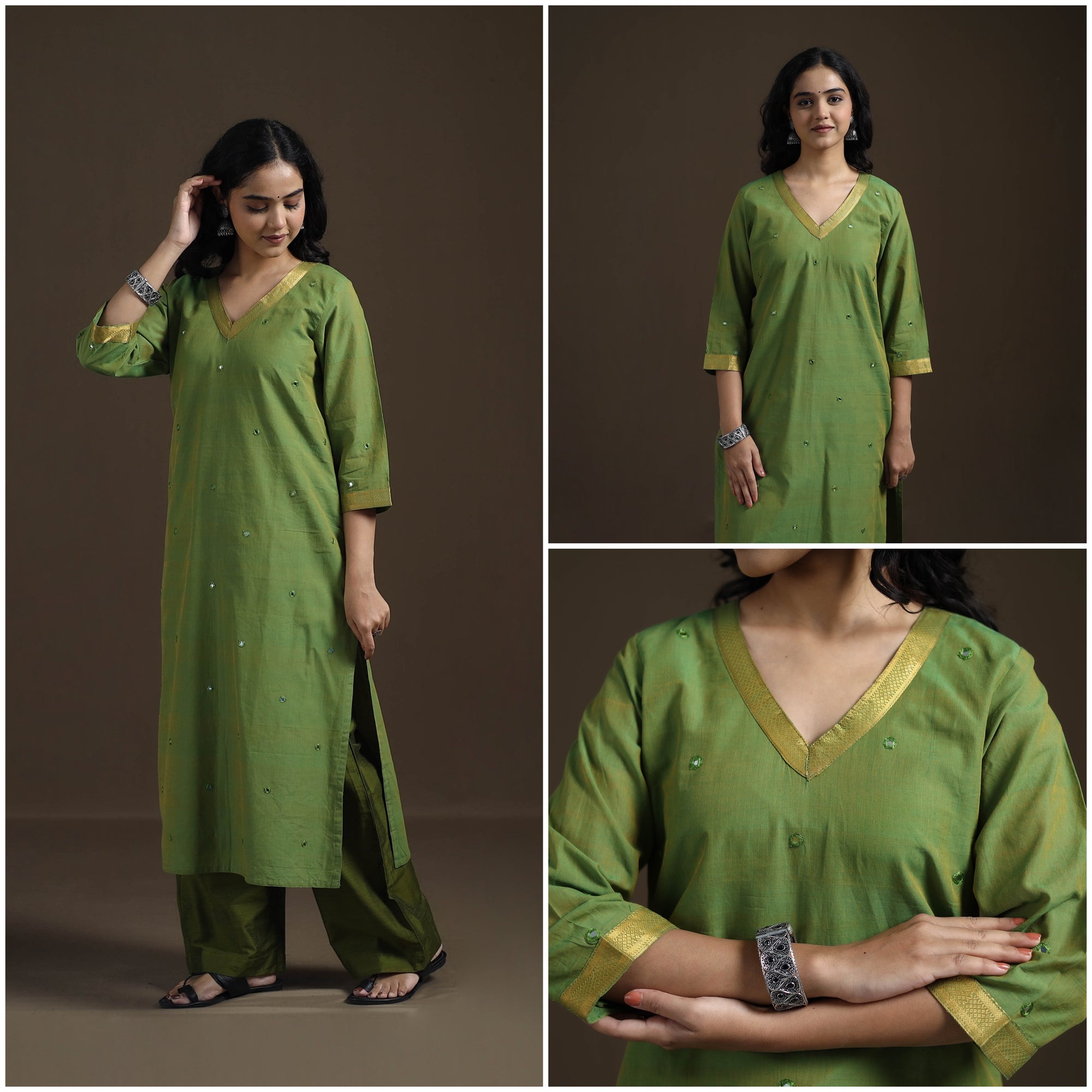 Green Mangalagiri Pure Handwoven Cotton Mirror Work Straight Long Kurta for women Itokri Casuals COJP_JP/KUT/371/25/S