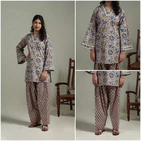 Sanganeri Hand Block Print Cotton Lace Work Short Kurta with Farshi Salwar Set for women 05