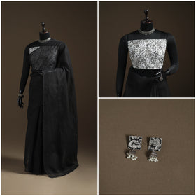 Nazaakat Kota Doria Cotton Plain Saree with Blouse Piece & Earrings 27
