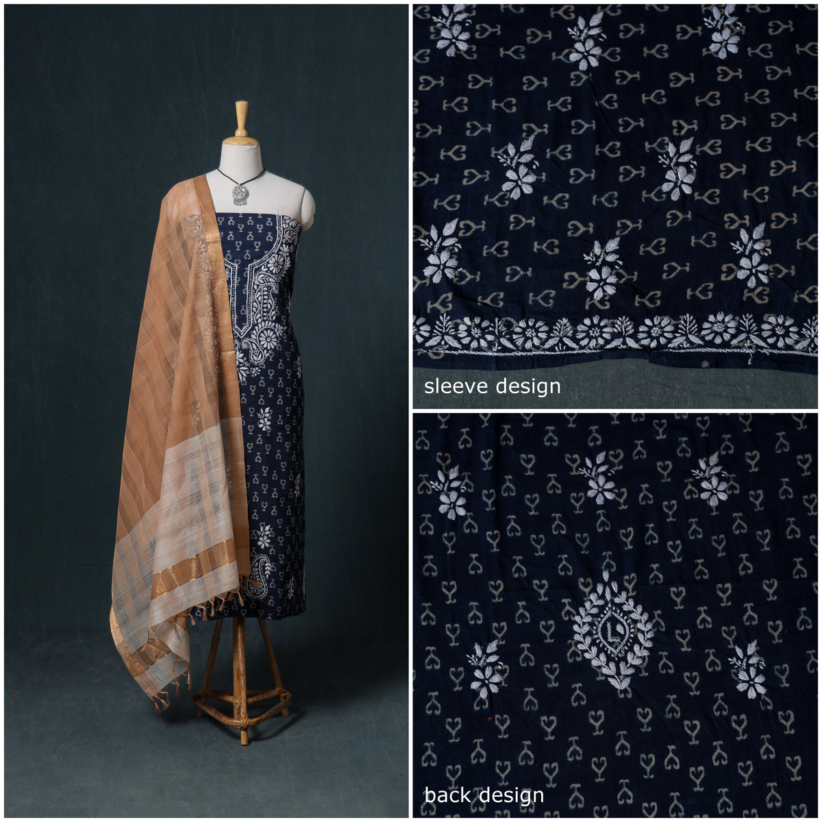 Lucknowi Chikankari Hand Work Unstitched Dress Material: Kurta & Dupatta with Jewellery 50