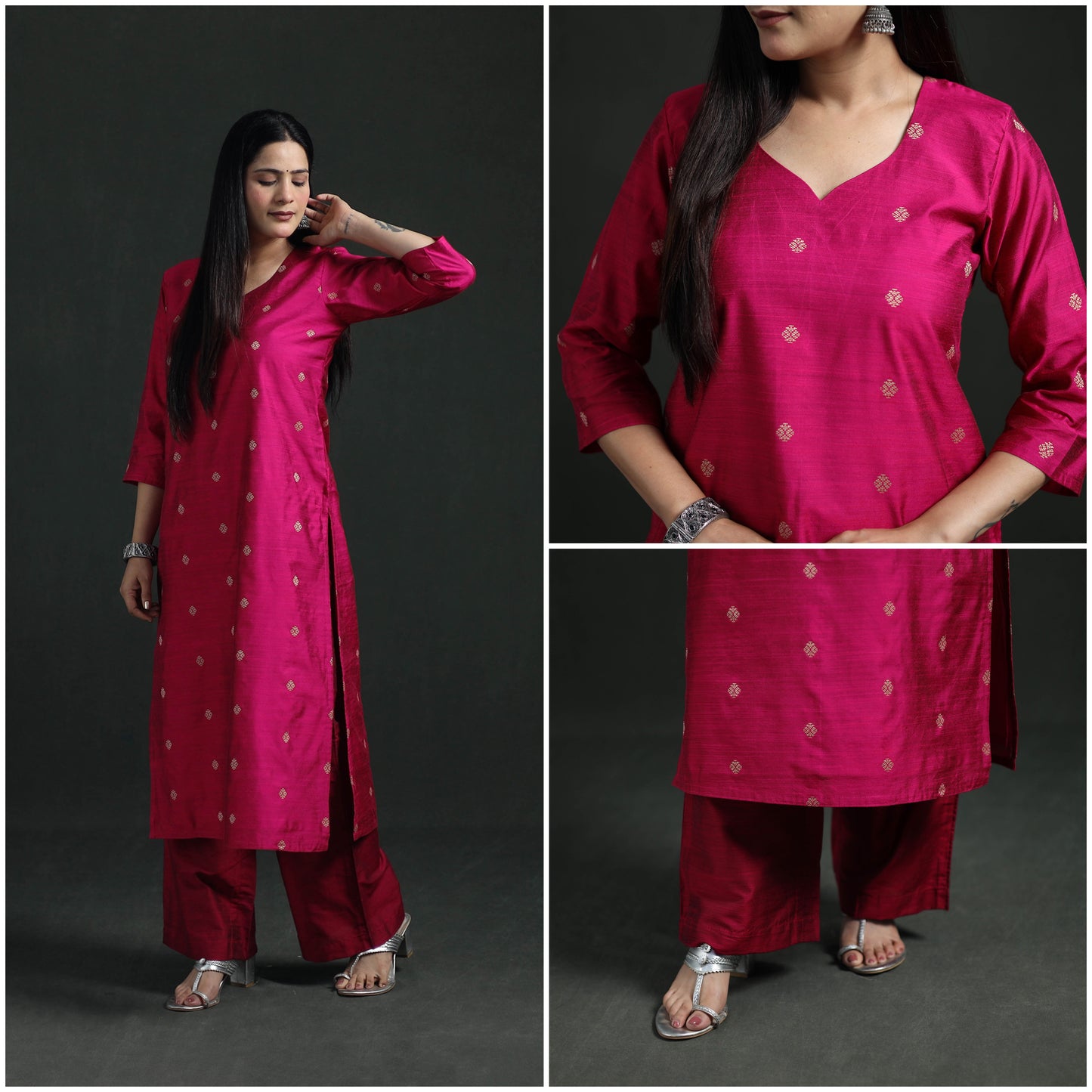 Spun Dupion Viscose Silk Thread Buti Straight Kurta with Palazzo Set for women 01