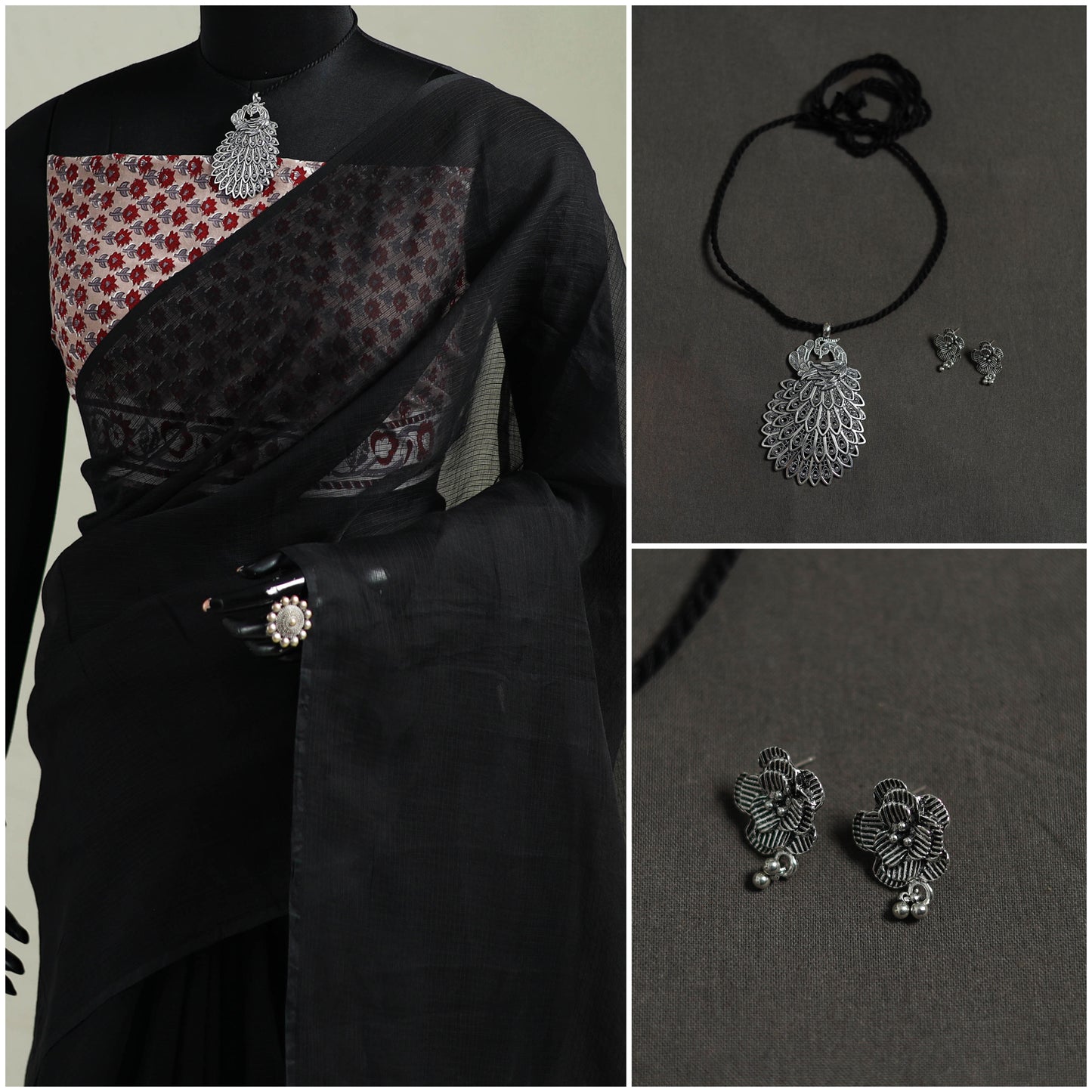 Black - Nazaakat Kota Doria Cotton Plain Saree with Blouse & Jewellery Set 08