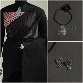 Black - Nazaakat Kota Doria Cotton Plain Saree with Blouse & Jewellery Set 08