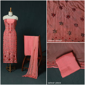 Pink - Hand Embroidered Muslin 3pc Unstitched Dress Material 04