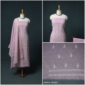 Lucknowi Chikankari Mukaish Work Mul Chanderi Unstitched Dress Material: Kurta, Bottom & Dupatta 08