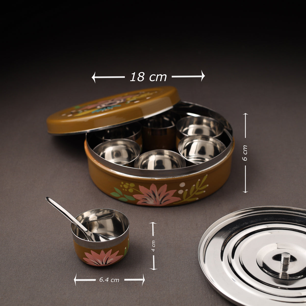 Floral Handpainted Enamelware Stainless Steel Masala Box (7 x 7 in) 08