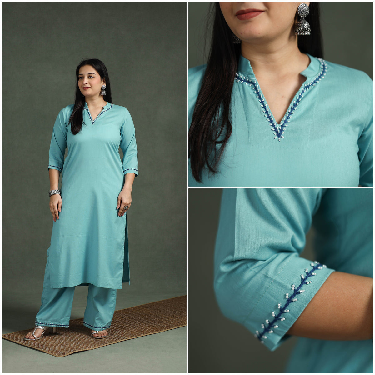 Plain Banana Fiber Soft Cotton Bead Work Straight Kurta with Palazzo Set for women 04