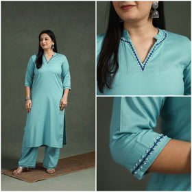 Plain Banana Fiber Soft Cotton Bead Work Straight Kurta with Palazzo Set for women 04