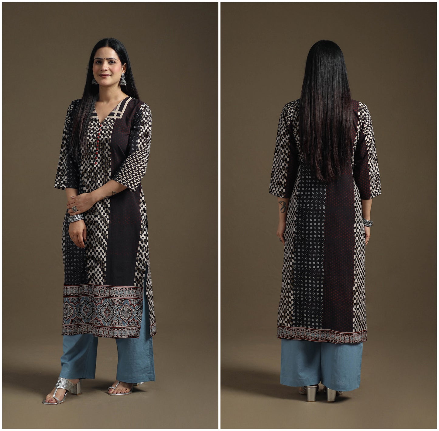 Hand Block Print Cotton Straight Long Ajrakh Kurta for Women 01
