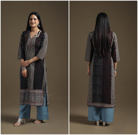 Hand Block Print Cotton Straight Long Ajrakh Kurta for Women 01
