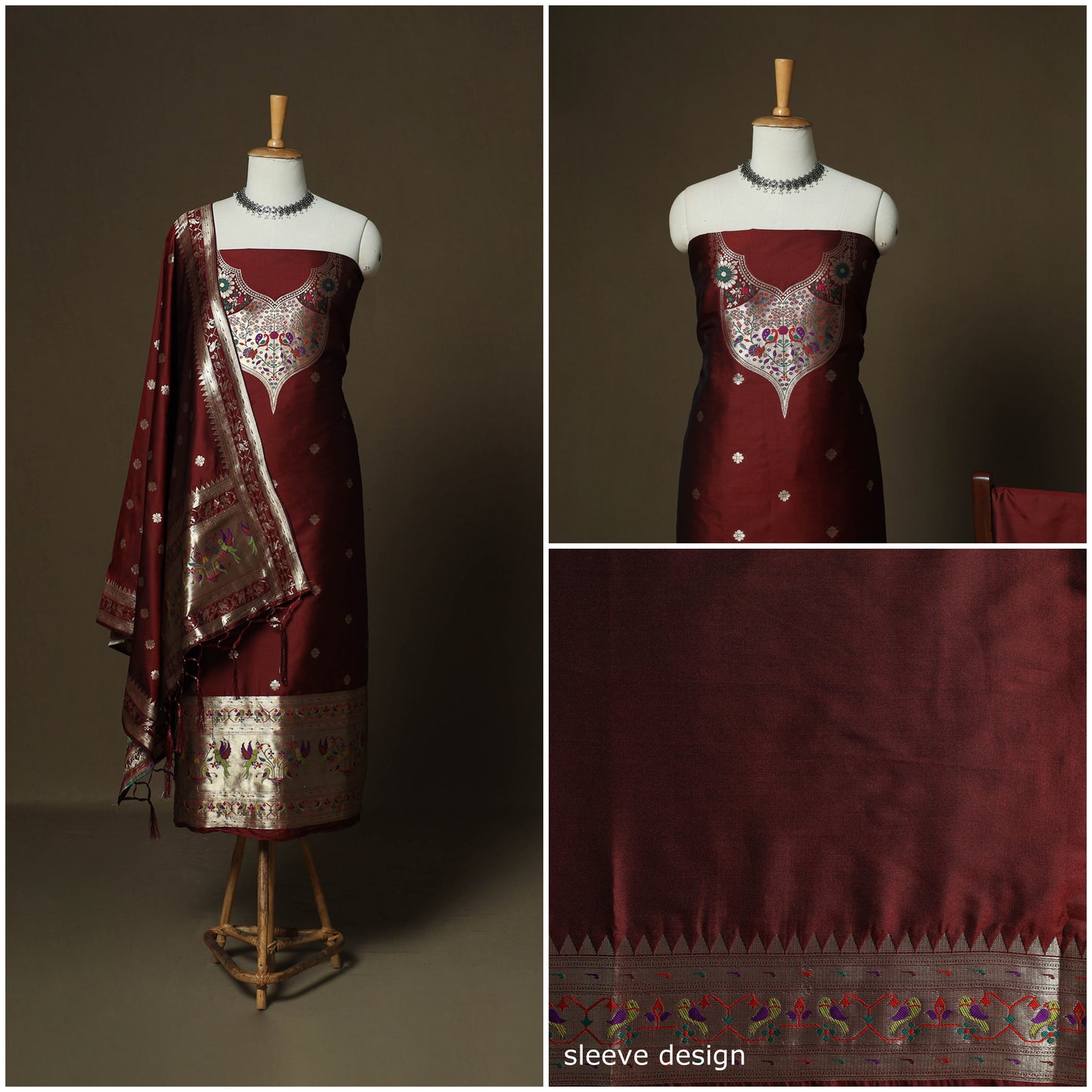 Maroon - Bangalore Silk Paithani Weave 3pc Unstitched Dress Material Suit Set 08