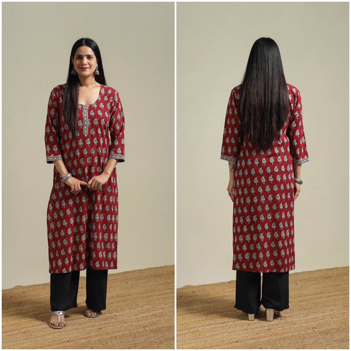 Red - Bagh Hand Block Print Natural Dyed Cotton Straight Kurta for women 04