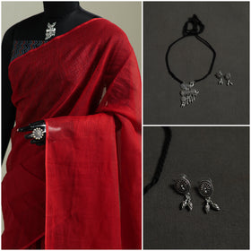 Red - Nazaakat Kota Doria Cotton Plain Saree with Blouse & Jewellery Set 194