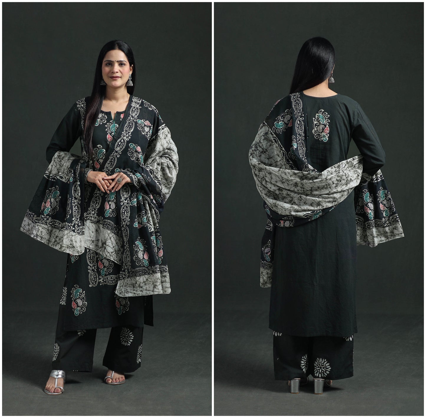 Indonesian Hand Batik Print Cotton Suit Set with Dupatta for Women 05