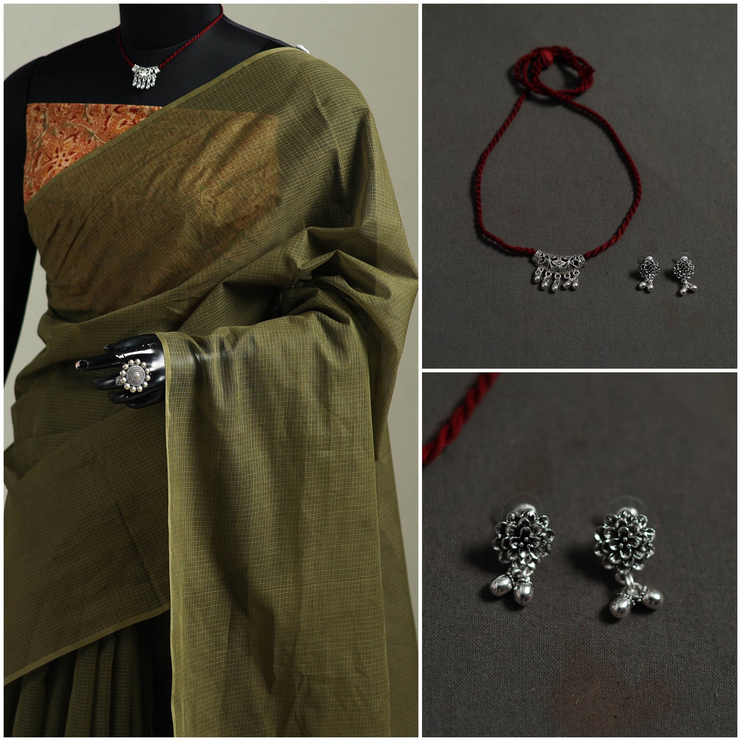 Green - Nazaakat Kota Doria Cotton Plain Saree with Blouse & Jewellery Set 170