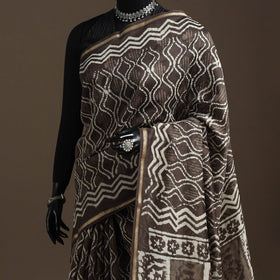 Brown - Chanderi Silk Hand Block Print Bagru Saree with Zari Border 15