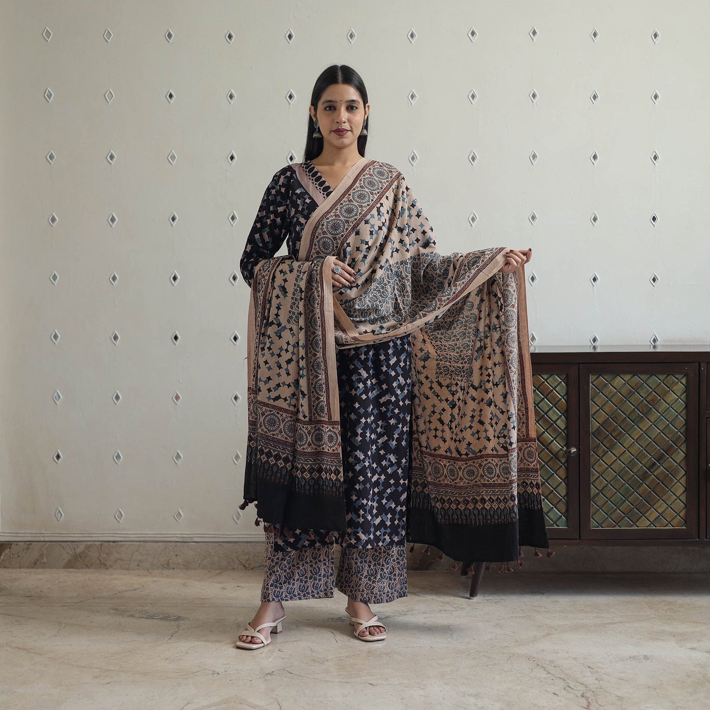  Block Printed Cotton Ajrakh Kurta Set 