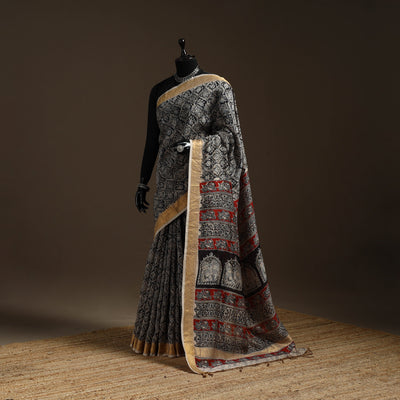 Black - natural dyed pedana chanderi silk kalamkari saree