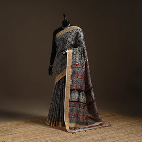 Black - natural dyed pedana chanderi silk kalamkari saree