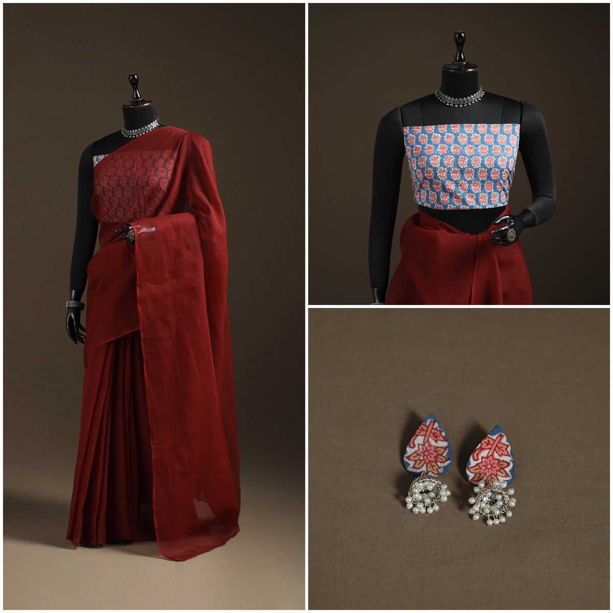 Nazaakat Kota Doria Cotton Plain Saree with Blouse Piece & Earrings 28