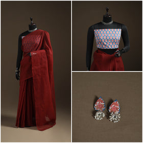 Nazaakat Kota Doria Cotton Plain Saree with Blouse Piece & Earrings 28