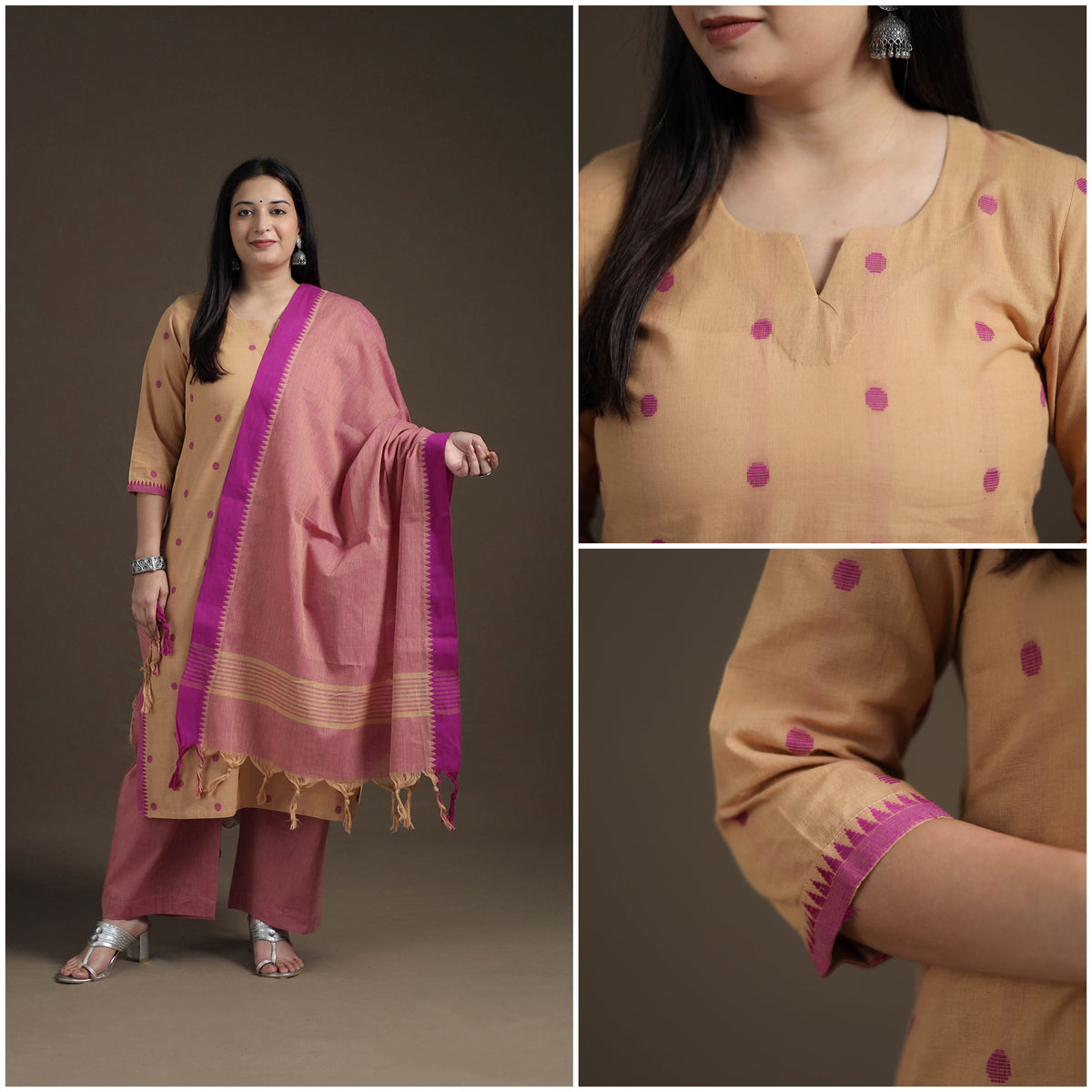 Jacquard Woven Cotton Straight Kurta with Palazzo & Dupatta Suit Set for Women 07