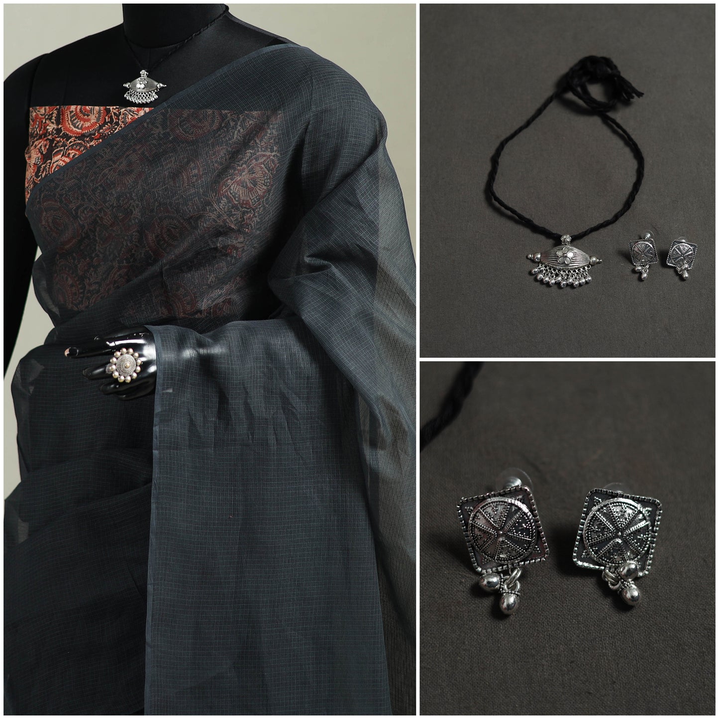 Grey - Nazaakat Kota Doria Cotton Plain Saree with Blouse & Jewellery Set 143