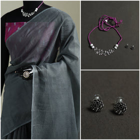 Grey - Nazaakat Kota Doria Cotton Plain Saree with Blouse & Jewellery Set 129