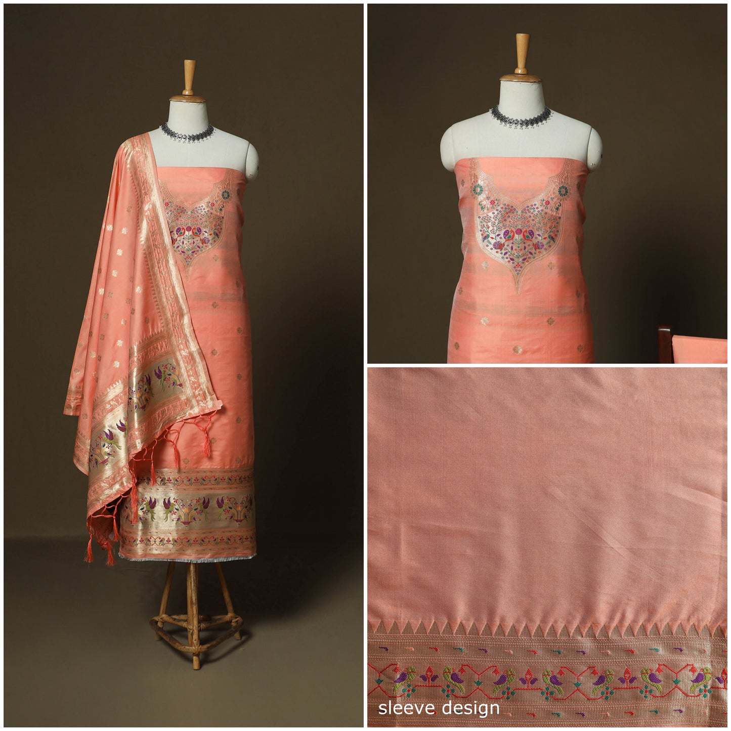 Peach - Bangalore Silk Paithani Weave 3pc Unstitched Dress Material Suit Set 09