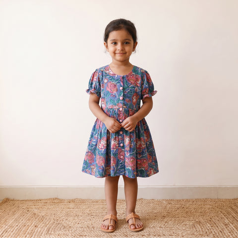 Blue - Pure Cotton Girls Frock Dress in Sanganeri Floral Prints (3-4 Years) 25