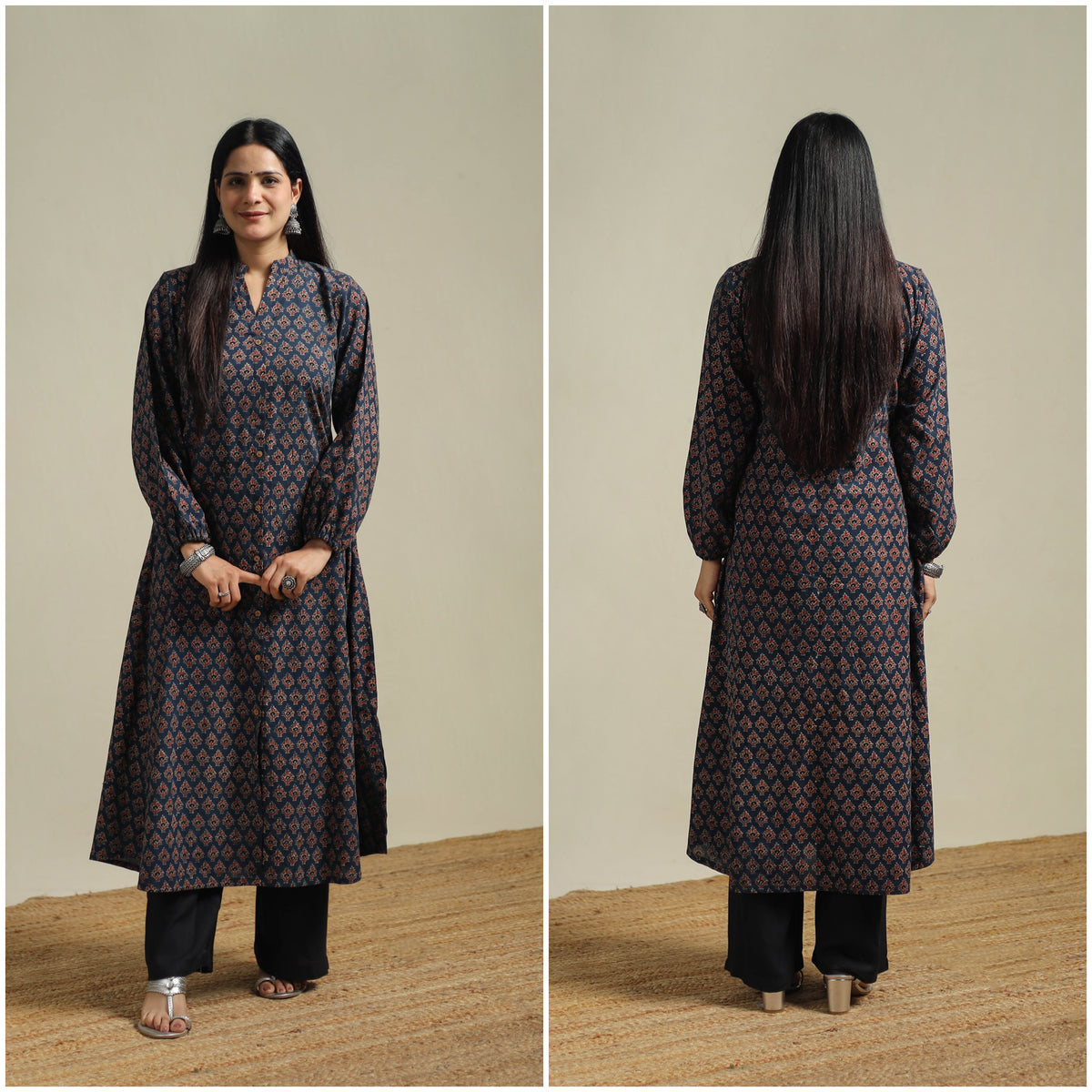 Ajrakh Hand Block Print Natural Dyed Cotton Button Down A-Line Long Kurta for women 01