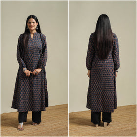 Ajrakh Hand Block Print Natural Dyed Cotton Button Down A-Line Long Kurta for women 01