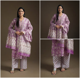 Gota Work Sanganeri Hand Block Print Chanderi Silk Suit Set with Dupatta for Women 10