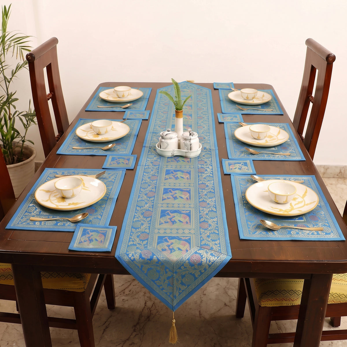 13pc Dining Table Linen Set in Brocade Banarasi Silk 04