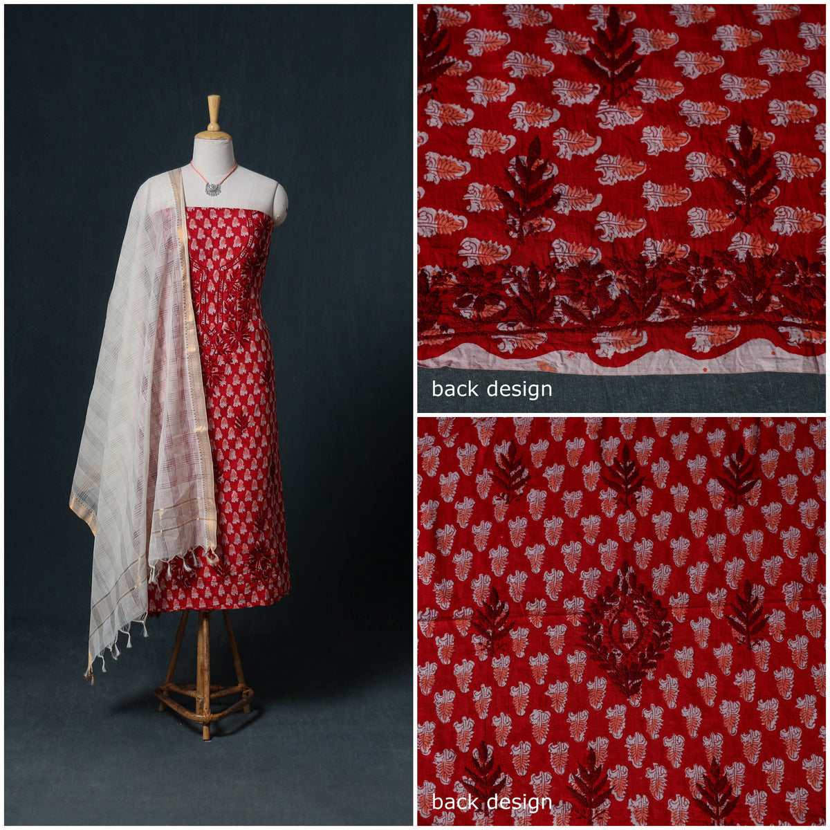 Lucknowi Chikankari Hand Work Unstitched Dress Material: Kurta & Dupatta with Jewellery 08