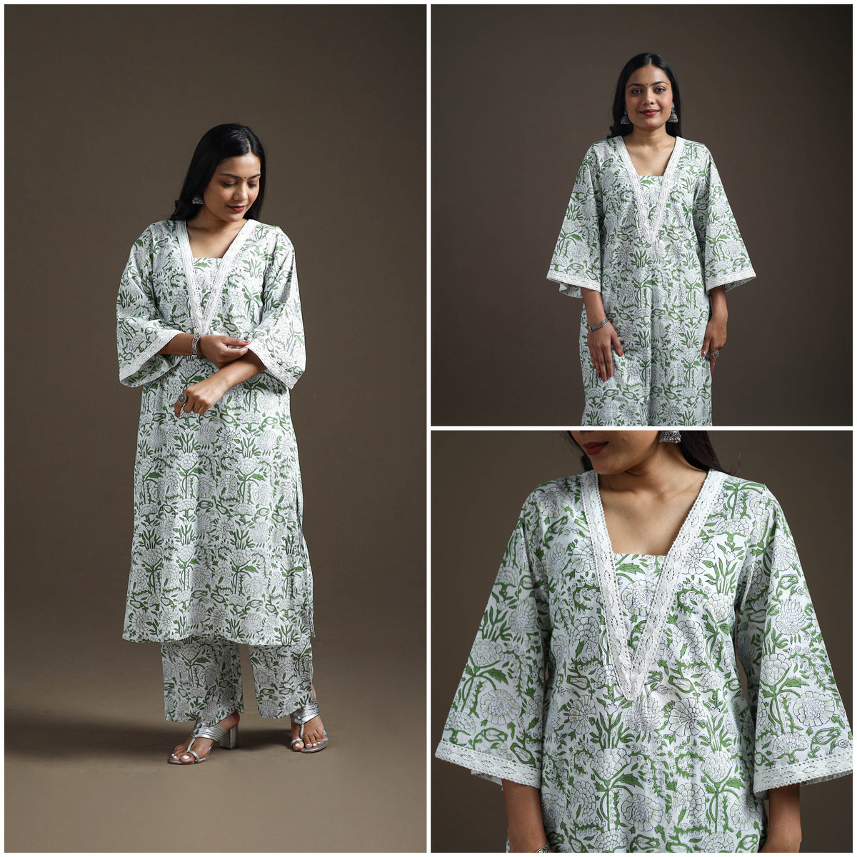 Green - floral sanganeri print cotton lace work straight