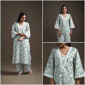 Green - floral sanganeri print cotton lace work straight