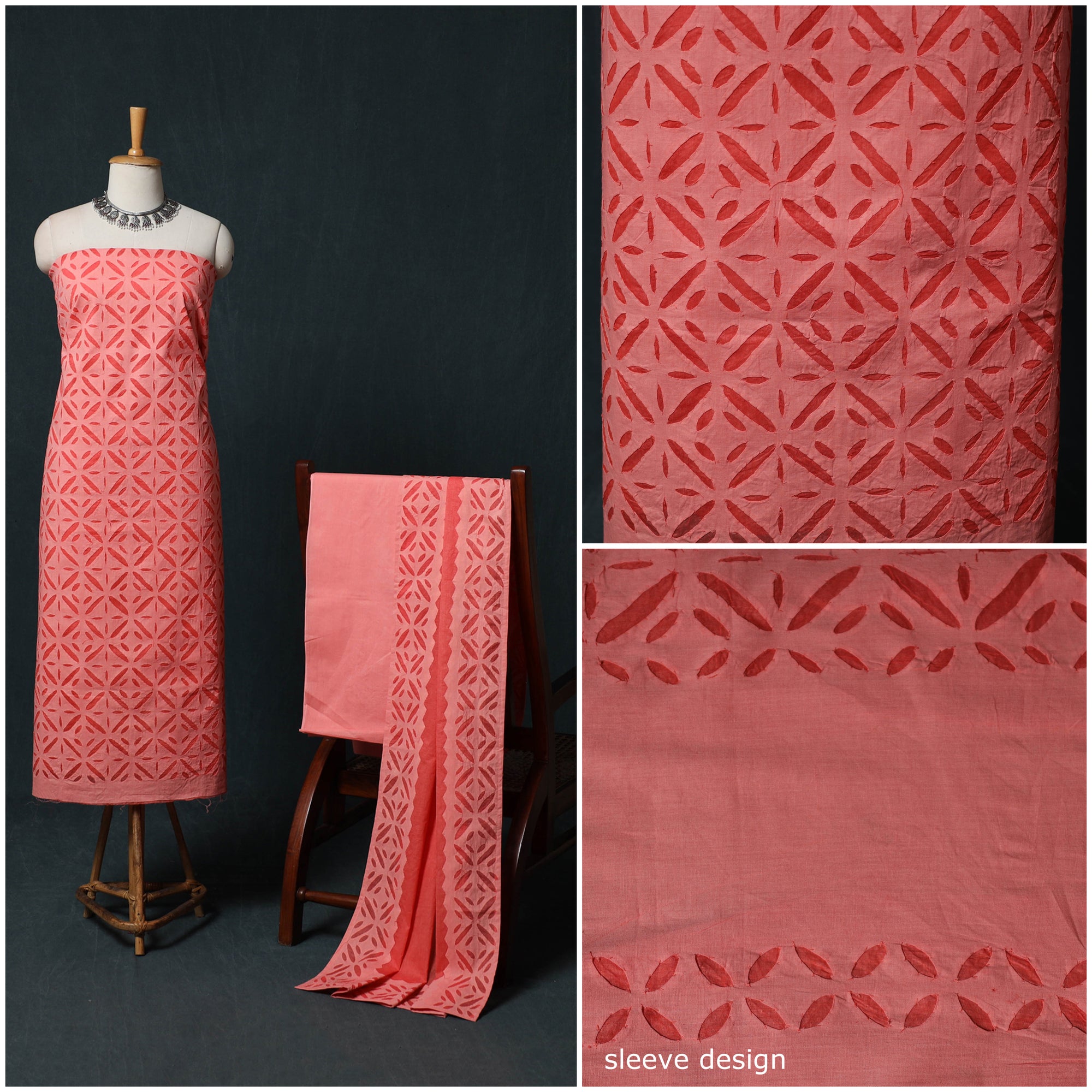 Peach Barmer Applique Cutwork Cotton 3pc Unstitched Dress Material Suit Set
